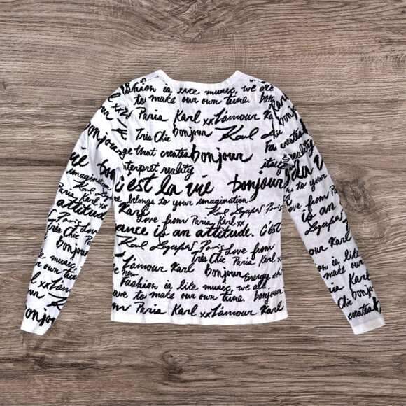 KARL LAGERFELD Black White Script French Paris Phrases Sweater Bonjour Women's S - Picture 3 of 5